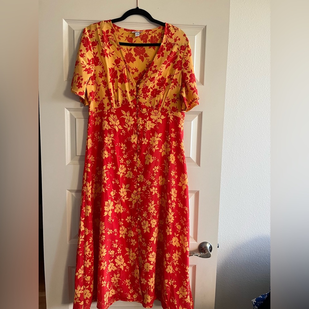 Neon Rose V Neck Button Down Midi Dress